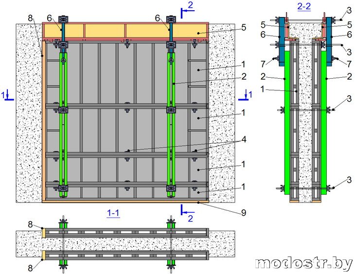 Схема опалубки МОДОСТР для монолитных стен с консолями